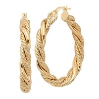 18kt Yellow Gold Twisted Diamond Cut Hoop Earrings