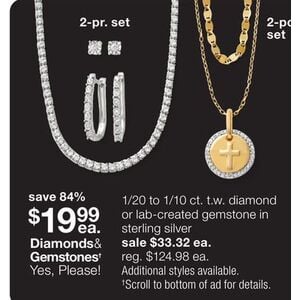 1/20 to 1/10 ct. t.w. diamond or lab-created gemstone in sterling silver for $19.99 each