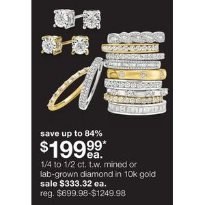 1/4 to 1/2 ct. t.w. mined or lab-grown diamond in 10k gold for $199.99 Each