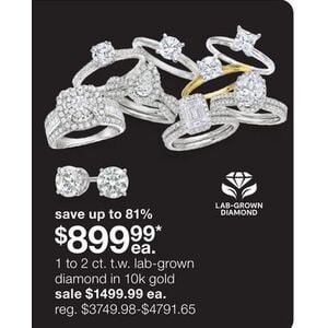 1 to 2 ct. t.w. lab-grown diamond in 10k gold for $899.99 Each