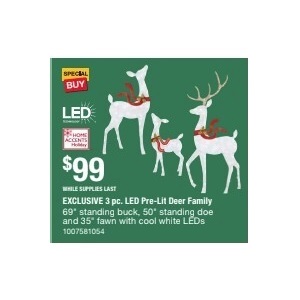 3 pc. LED Pre-Lit Deer Family 69" standing buck, 50 standing doe and 35" fawn w/cool white LEDs